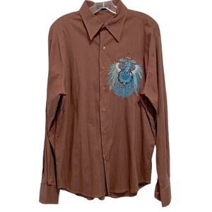 APRICOTTREE Men long sleeve shirt gorgeous blue and gold embroidery stretchy L